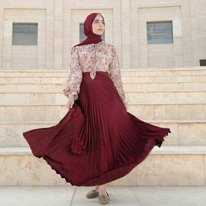 Купить High Waist Pleated Skirt Women New Chic Arab Dubai Ankel-length Long Wrinkle Skirts Solid Color Muslim Islamic Clothing Musulman