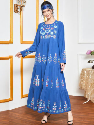 Купить Women Dress Blue Ethnic Geometry Embroidered Maxi Dresses Long Sleeve Loose islamic clothing Plus Size Muslim Arabic vestidos