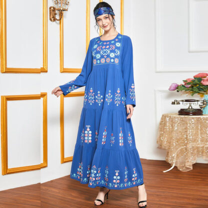 Купить Women Dress Blue Ethnic Geometry Embroidered Maxi Dresses Long Sleeve Loose islamic clothing Plus Size Muslim Arabic vestidos