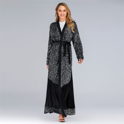 Купить Muslim Abaya Dress Women Caftan Kimono Jubah Sequins Open Abayas for Women Lace-up Hijab Dress Islamic Clothing Long Robe Jilbab