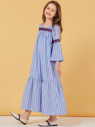 Купить Muslim Girls Sweat Dress Children Striped Pleated Moroccan Dresses Kids Kimono Flare Sleeve Hijab Elbise Dubai Vestido Kaftan