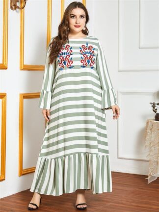 Купить Plus Size Maxi Dress Women muslim arabic turkey dresses O Ne Striped Print Ethnic Embroidery islamic Clothing moroccan kaftan