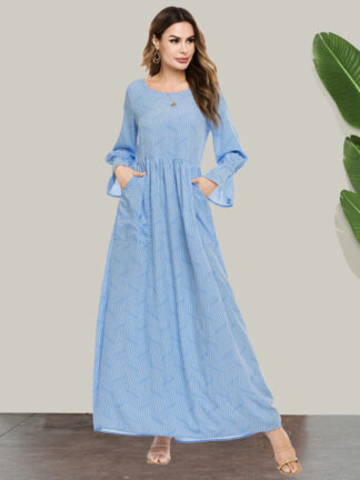 Купить Muslim Women Dress Flare Sleeve Poets A-line Abaya Dresses Blue Eid Moroccan Kaftan Islamic Clothing Big Swing Plus Size Robe