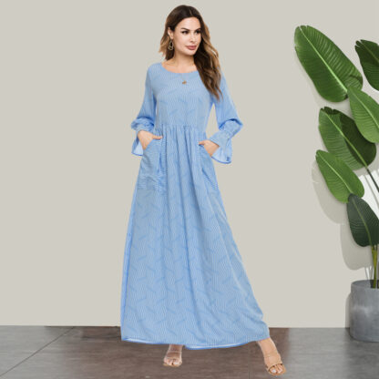 Купить Muslim Women Dress Flare Sleeve Poets A-line Abaya Dresses Blue Eid Moroccan Kaftan Islamic Clothing Big Swing Plus Size Robe