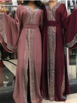 Купить Elegant Dubai Arab Muslim Women Abaya Dress Inlaid Bright Stone Islam Caftan Batwing Sleeve Kaftan Long Robe Islamic Clothing