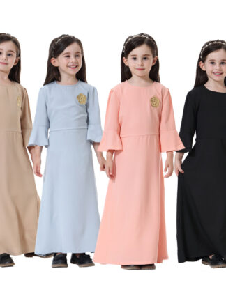Купить Muslim Girl Abaya Maxi Dress Flare Sleeve Lace-up Sweet Long Robe Gowns Girls Ramadan Arab Islamic Cute Party Princess Dresses