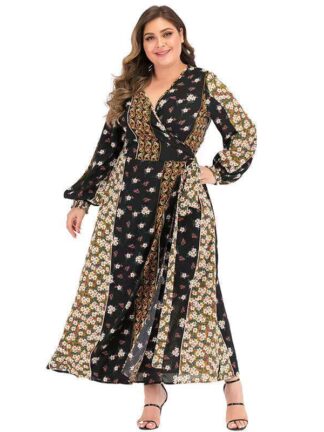 Купить Plus Size V-ne Turkey Print Muslim Dress Women Kaftan Moroccan Robes Maxi Vestidos Largos Islamic Abaya Dubai Hijab Dresses