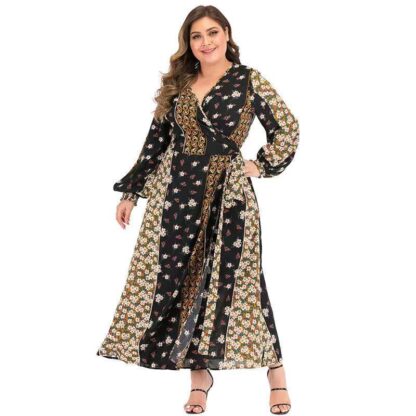 Купить Plus Size V-ne Turkey Print Muslim Dress Women Kaftan Moroccan Robes Maxi Vestidos Largos Islamic Abaya Dubai Hijab Dresses