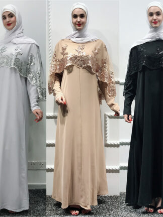 Купить Muslim Dress Lace Cloak Cape Women Turkey Musulman Sequin Abaya Morccan Kaftan Maxi Hijab Dresses Islamic Clothing Vestidos