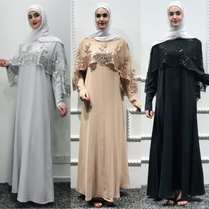 Купить Muslim Dress Lace Cloak Cape Women Turkey Musulman Sequin Abaya Morccan Kaftan Maxi Hijab Dresses Islamic Clothing Vestidos