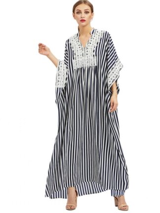 Купить Turkey Arabic Muslim Dress Women Striped Side Split Loose Robe Islamic Clothing Striped Summer Beach Sundress Musulman Caftan