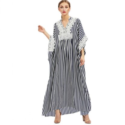 Купить Turkey Arabic Muslim Dress Women Striped Side Split Loose Robe Islamic Clothing Striped Summer Beach Sundress Musulman Caftan