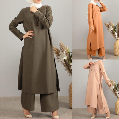 Купить Eid Muslim Women Two Piece Sets Abaya Turkey Split Dress Pant Caftan Moroccan Kaftan Islamic Clothing Abayas Musulman Ensembles