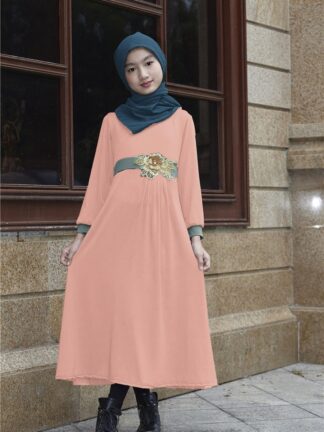 Купить Muslim Girl Dress Kimono Long Dress for Children Islamic Clothing Solid Color Kawaii Sweat A-line Dress Dubai Arab Muslim Kids