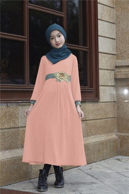 Купить Muslim Girl Dress Kimono Long Dress for Children Islamic Clothing Solid Color Kawaii Sweat A-line Dress Dubai Arab Muslim Kids