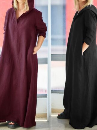 Купить Turkey Arab Muslim Hooded Maxi Dress Women Plus Size Vintage Cotton Linen Female Casual Hoodies Vestidos Long Sleeve Robe 5XL