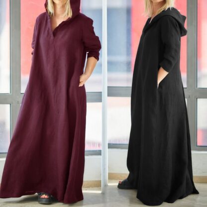 Купить Turkey Arab Muslim Hooded Maxi Dress Women Plus Size Vintage Cotton Linen Female Casual Hoodies Vestidos Long Sleeve Robe 5XL