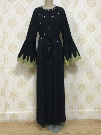 Купить Dubai Muslim Open Abaya Dress Women Diamond Outwear Loose Long Robe Lace-up Turkish Islamic Clothes Trumpet Sleeve Hijab Dresses