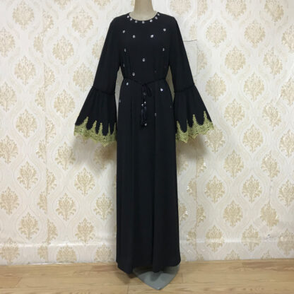 Купить Dubai Muslim Open Abaya Dress Women Diamond Outwear Loose Long Robe Lace-up Turkish Islamic Clothes Trumpet Sleeve Hijab Dresses