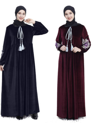 Купить Floral Embroidery Veet Muslim Long Dress Women Big Swing A-line Turkey Maxi Hijab Dresses Dubai Kaftan Arabic Islamic Clothing