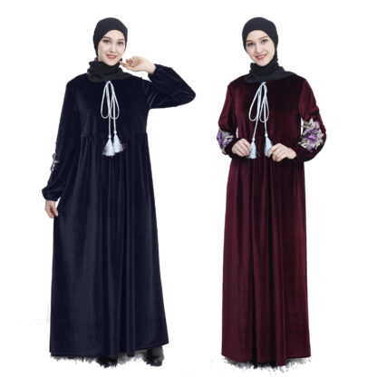 Купить Floral Embroidery Veet Muslim Long Dress Women Big Swing A-line Turkey Maxi Hijab Dresses Dubai Kaftan Arabic Islamic Clothing