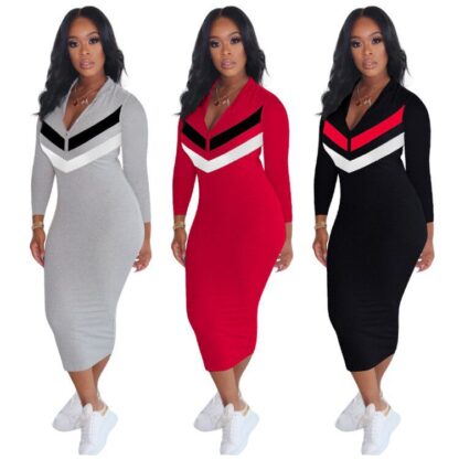 Купить Autumn women casual dresses Active Wear Long Sleeve Zipper Up Striped Splice ladys Sports Moto Biker Bodycon Midi Dress Vestidos