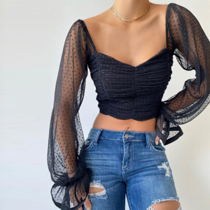 Купить Square Collar Ruched Sexy Blouse Shirts Female See Through Mesh Polka Dot Fashion Long Sleeve Crop Tops Shirthigh quality