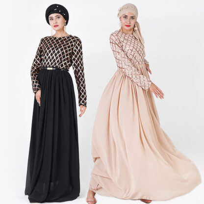 Купить High-end Muslim Chic Abaya Dress Women Long Sleeve Sequin Big Swing Maxi Dress Dubai Kimono Elastic Hijab Dress Islamic Clothing