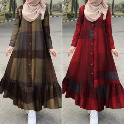 Купить Turkey Vintage Che Muslim Dress Womens Autumn Sundress 2021 Casual Long Sleeve Ruffle Vestidos Female Button Printed Robe 5XL