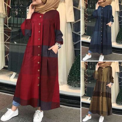 Купить Turkey Kaftan Muslim Dress Women Vintage Plaid Cheed Sundress Autumn Long Sleeve Robe Femme Vestidos Loose Long Dresses Baggy