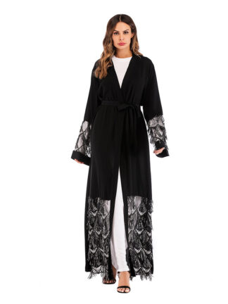 Купить Dubai Muslim Chic Mesh Sequin Abaya Dress Women Kimono Outwear Loose Open Long Robe Lace-up Jubah Islamic Clothing Hijab abayas