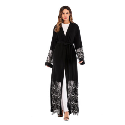 Купить Dubai Muslim Chic Mesh Sequin Abaya Dress Women Kimono Outwear Loose Open Long Robe Lace-up Jubah Islamic Clothing Hijab abayas