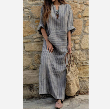 Купить Womens Cotton Linen Dress muslim moroccan Kaftan Long Sleeve 2021 abaya Striped Women Plus Size Long Maxi Boho Dresses vestidos