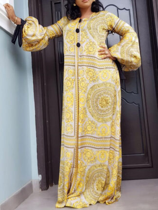 Купить Spring Long Sleeve Muslim Maxi Dress African Ladies Rich Bazin Golden Print Vintage Plus Size Floor Length Women Party Vestidos