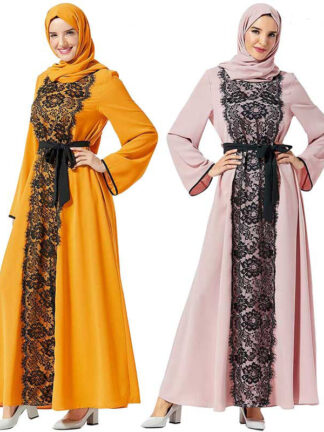 Купить Elegant Big Swing Muslim Abaya Dress Women Lace Lace-up Dubai Arab Loose Abaya Dresses Kimono Kaftan Islamic Clothing 4XL New