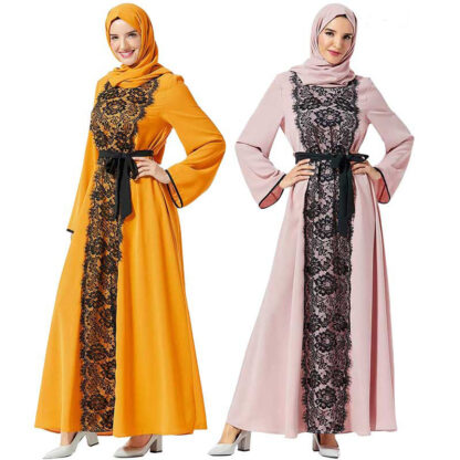 Купить Elegant Big Swing Muslim Abaya Dress Women Lace Lace-up Dubai Arab Loose Abaya Dresses Kimono Kaftan Islamic Clothing 4XL New