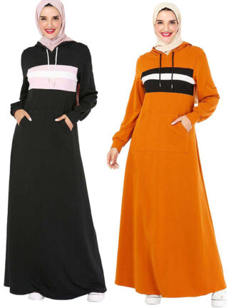 Купить Islamic Clothing Zipper-up Trasuit Long Dress Women Muslim Middle East Striped Jogging Maxi Dress Sports Walk Wear Side Poet