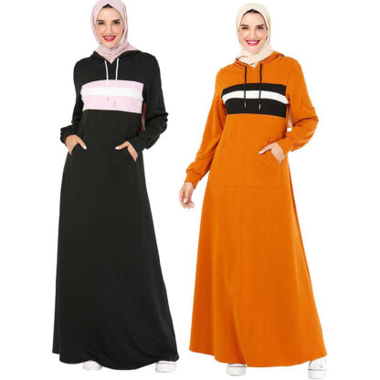 Купить Islamic Clothing Zipper-up Trasuit Long Dress Women Muslim Middle East Striped Jogging Maxi Dress Sports Walk Wear Side Poet