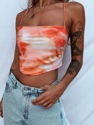 Купить Fashion Tie Dye Print Summer Halter Sexy Baless Lace Up Crop Top Tube Girls Cropped Feminino Cute Top Streetwearhigh quality