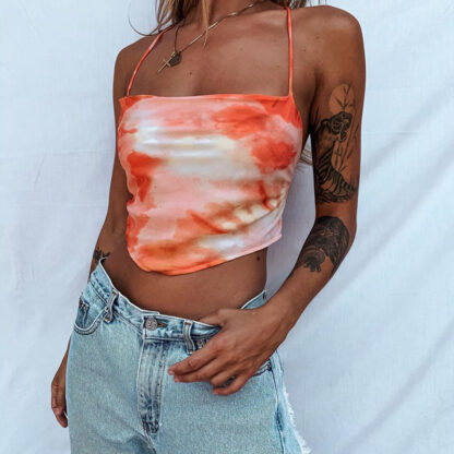 Купить Fashion Tie Dye Print Summer Halter Sexy Baless Lace Up Crop Top Tube Girls Cropped Feminino Cute Top Streetwearhigh quality