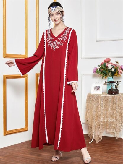 Купить Muslim Maxi Dress women Turkey Dubai Red Ethnic Floral Embroidery Long Sleeve Dresses V Ne LooseArabic Clothes Autumn 2021