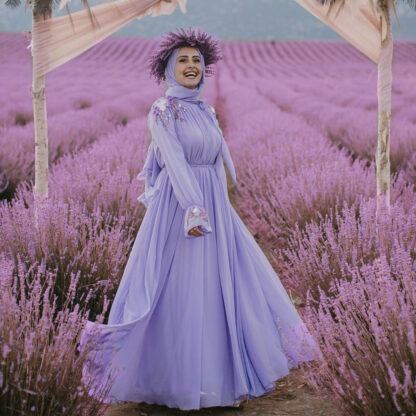 Купить Turkey Muslim Hijab Dress Wommen Big Swing Lavender Embroidery Maxi Modest Evening Party Elbise Dubai Kimono Jubah Robe Vestidos