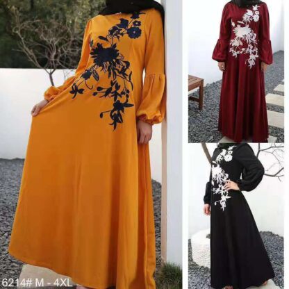 Купить Women Muslim Dress Evening Floral Lantern Sleeve Big Swing Long Dresses Caftan Kimono Abaya Robe Hijab Kaftan Dubai Clothing New