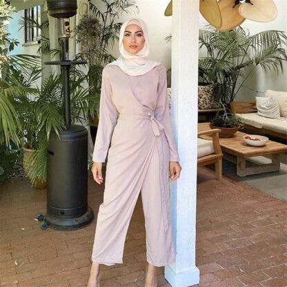 Купить Muslim Women Wide Leg Jumpsuit Set One Piece Belt Long Sleeve Turkey Dubai Islamic Clothing Arabic Abaya Sets Autumn 2021 Kaftan