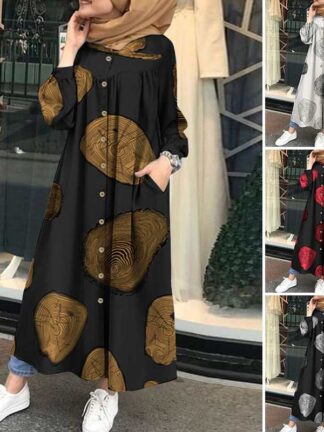 Купить Autumn Muslim Printed Maxi Dress Women Abaya Islamic Clothing Casual Long Sleeve Shirt Vestidos Female Button Robe Plus Size