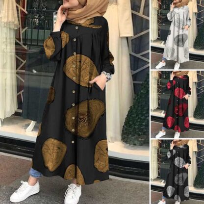 Купить Autumn Muslim Printed Maxi Dress Women Abaya Islamic Clothing Casual Long Sleeve Shirt Vestidos Female Button Robe Plus Size