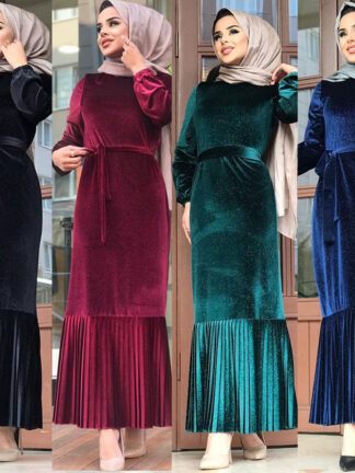 Купить Elegant Veet Muslim Dress Women Lace-up Ruffle Abaya Hijab Dresses Kimono Jubah Long Robe Party Arab Islamic Clothing 4 Color