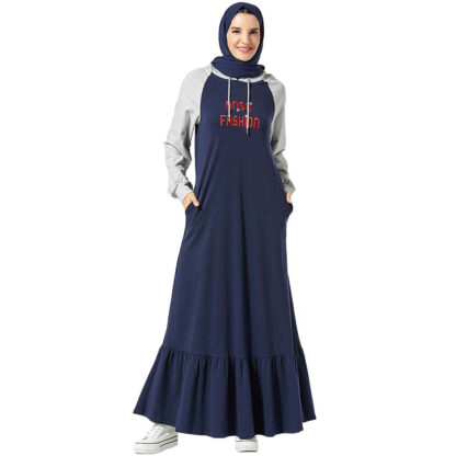 Купить Hooded Trasuit Long Dress Women Muslim Dubai Turkey Letter Jogging A-line Maxi Dress Sport Wear Side Poets Islamic Clothing