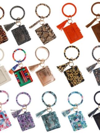 Купить Designer Bag Wallet eopard Print PU eather Bracelet Keychain Wallets Credit Card Tassels Bangle Key Ring Holder Wristlet Handbag