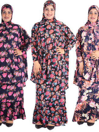 Купить Eid Muslim 2 Piece Set Women Prayer Garment Turkey Ramadan Long Hijab Abaya Skirt Flower Jilbab Robes Islamic Abaya Maxi Dress